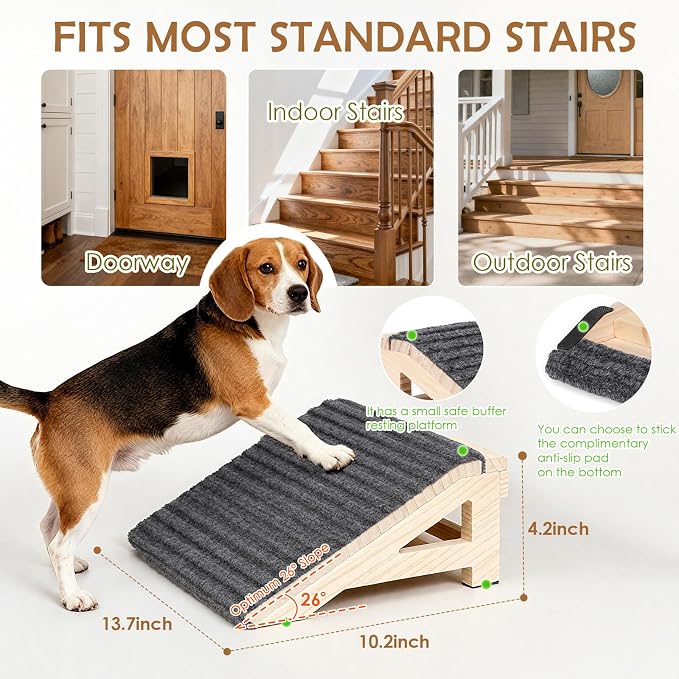 Wood Dog Ramp Stairs for Outdoor, Low Angle Dog Ramp for Stairs | 4.2"H, 2 Pack, ups to 170lbs, Premium Solid Wood, Anti-Slip Carpet Surface, Dog Stairs for Small Dogs, Footrest & Stretcher