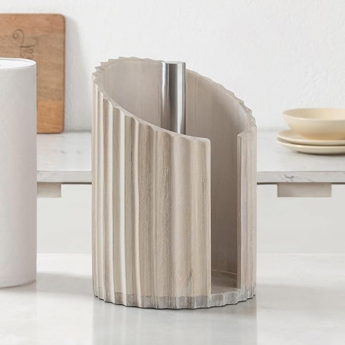 Anji Mountain Wooden Paper Towel Holder Countertop with Mango Wood Round Base and Iron Holder, Holder Stand for Kitchen Roll Organizer & Kitchen Dining Table Home Decor - Whitewash/Nickel, Fluted
