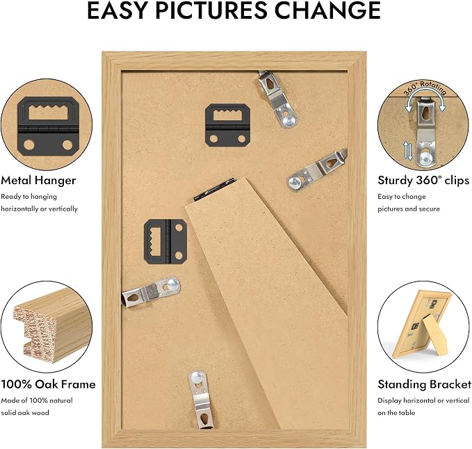 Hongkee 5x8 Oak Wood Picture Frame (1 Pack, Natural) with Real Glass Cover | 5 x 8 Solid Wood Frame for Wall or Tabletop Display - Includes Easel Back, Vertical Hang - Ideal for Home, Office
