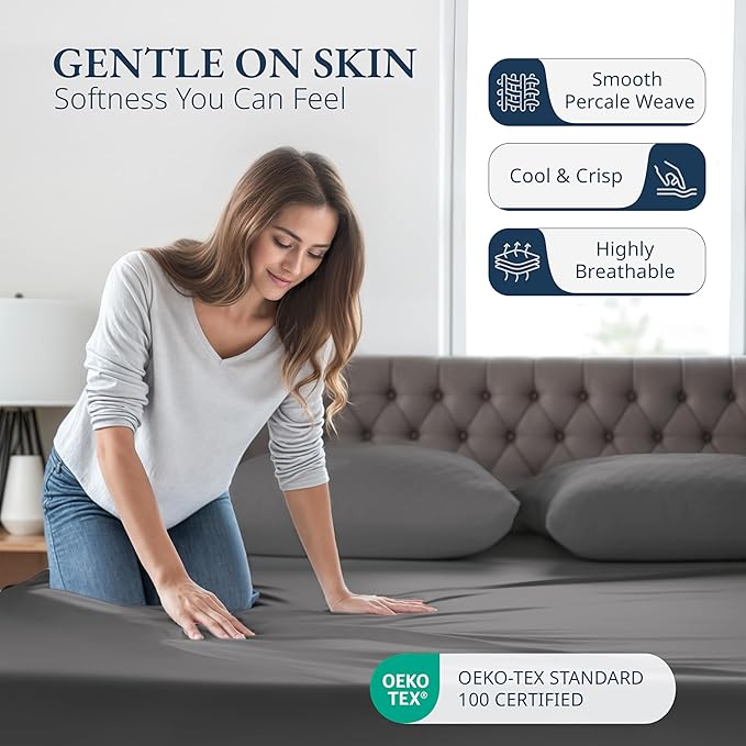 LANE LINEN 100% Organic Cotton Fitted Sheet Full Size (No Flat Sheet) - Soft & Breathable Percale Weave Fitted Sheet Set For Added Comfort - 15'' Deep Pocket For Snug Fit - GOTS Certified - Charcoal