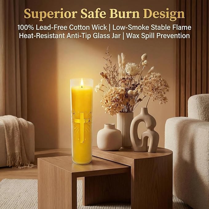 128 Hours Long Burning Beeswax Candles,Pure Beeswax Pillar Candles in Glass Jar,Unscented Natural Beeswax Prayer Candles for Religious Ceremony,Memorial,Vigil,Emergency (Yellow)