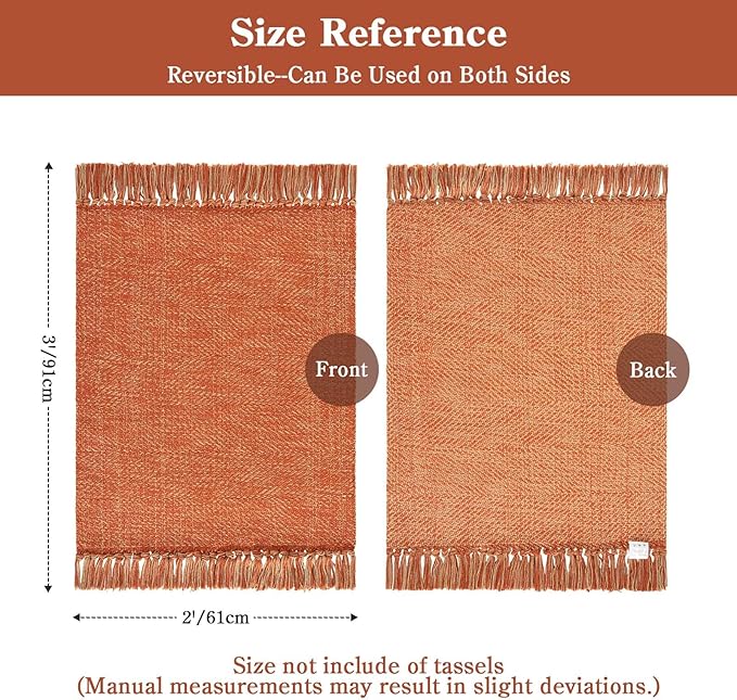 Collive Small Bathroom Rug, 2' x 3' Hand-Woven Low Profile Front Entryway Rug, Terracotta Cotton Reversible Washable Kitchen Rug Modern Farmhouse Carpet for Foyer Bedroom Front Door Fall Decor