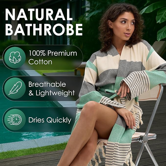 ATANI 100% Turkish Cotton Bathrobe S-XXL for Women & Men – Peshtemal Style Soft Cozy Lounge Robe, Absorbent & Lightweight