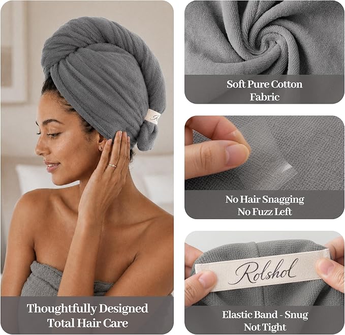 ROLSHOL Cotton Hair Towel Wrap for Women, 2 Pack 100% Cotton Hair Drying Towels for Long, Thick & Curly Hair, 32" x 11" Large Hair Turban for Wet Hair with Elastic Band (Black)