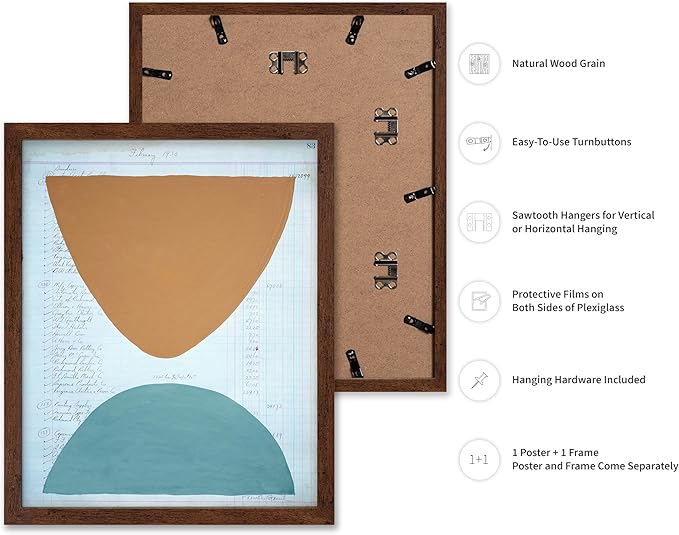 Monem Art Abstract Ledger Paper Geometric Print - Modernist Organic Shapes Art Poster - Wall Decor for Office, Living Room or Studio - 16x20 Brown Framed Wall Art by Renee Stramel