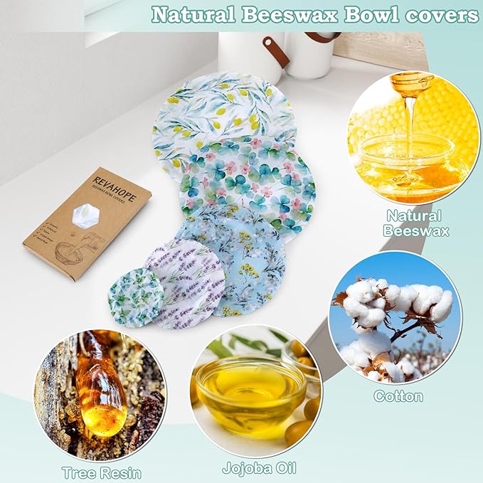 5-Size Reusable Beeswax Bowl Covers for Bread Proofing, Cotton Cloth Flexible Beeswax Wraps for Food Storage(Olive Branch)