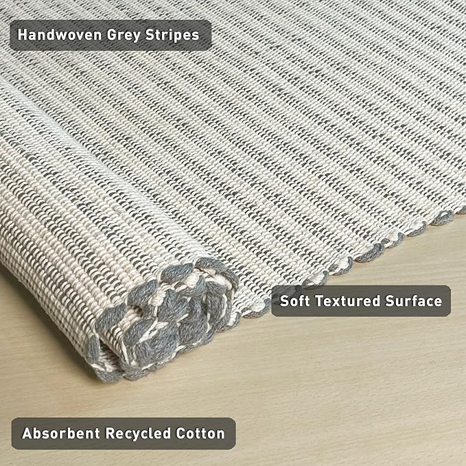 Chardin home Grey & Ivory Providence Throw Rug 2x4.25 feet |Hand Woven Farmhouse Rug | Great in Kitchens entryways doormats Bathrooms Meditation Mat | Machine Washable & Reversible CottonRug