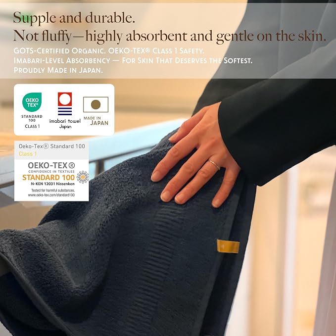Highly Absorbent & Quick-Dry Organic Cotton Hand Towels, Lightweight & Resilient, Made in Japan, Oeko-Tex Class 1 Certified, 13.8 x 28 inch, Navy, Pack of 2 – Proof of Purity
