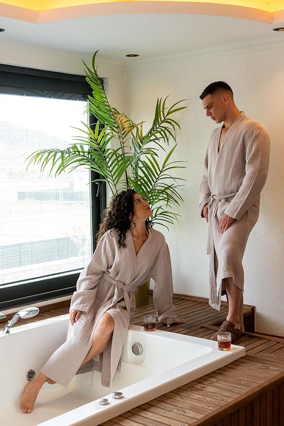 Muslin Unisex Bathrobe Women & Men, 100% Cotton Kimono Lightweight Robe | Long Robes Soft, Absorbent, Spa robes