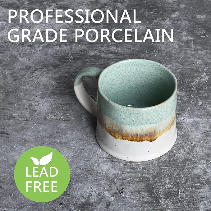 Bosmarlin Medium Ceramic Coffee Mug Set of 2, 15 oz, Big Stoneware Tea Cup for Office and Home, Dishwasher and Microwave Safe (Green, 2)