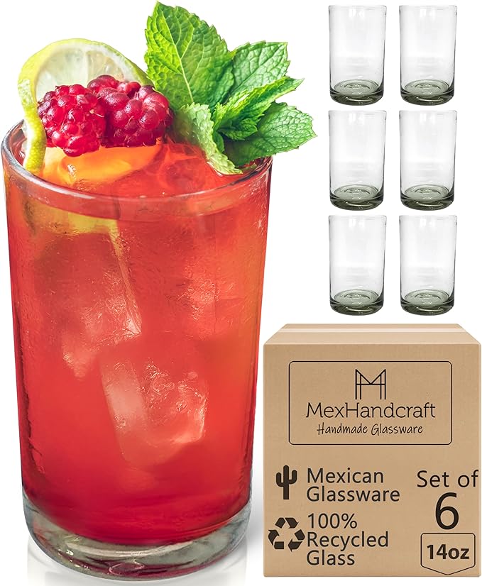 Clear 14 oz Drinking Glasses (Set of 6) | Hand Blown Mexican Glassware | Recycled Glass Drinking Glasses for Water, Juice, Margarita, Cocktails & Whiskey, Lead-Free Toxin Free