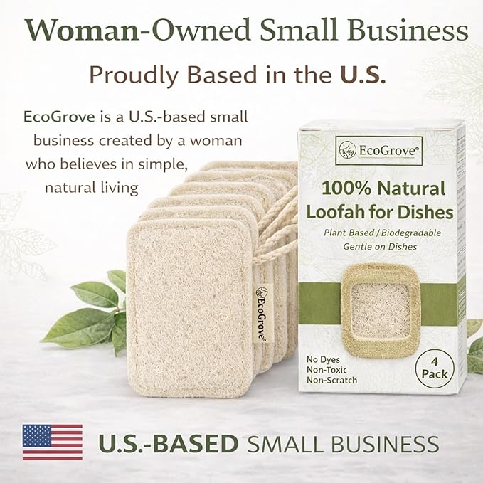 Natural Loofah Dish Sponges 4 Pack – 100% Plant-Based Luffa Scrubber for Dishes, Pots & Nonstick Pans – Compostable, Non-Scratch Kitchen Sponge for Sink, Tile & Everyday Cleaning