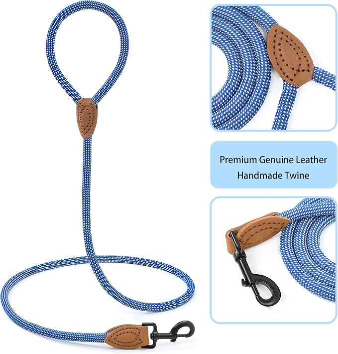 Mile High Life Rope Leash with Genuine Leather Connection, 6 FT/5 FT/4 FT, Heavy Duty Leash for Medium & Large Dogs (Blue White, 48 Inch)