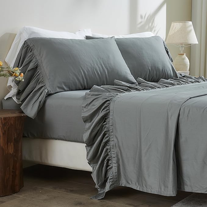 Simple&Opulence 100% Organic Cotton Sheet Set, Long Ruffle Bed Sheets (1 Flat Sheet, 1 Fitted Sheet and 2 Pillowcases) Elegant Shabby Chic Bedding Farmhouse Charming Vintage - Grey, Queen