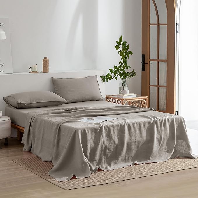 EVERLY Linen King Size Sheets Set,100% French Washed Pure Linen Bed Deep Pocket Sheets,4Pieces(1Flat Sheet,1Fitted Sheet,2Pillowcase) Suitable for Hot Sleepers,180GSM Natural Linen Bedding Set