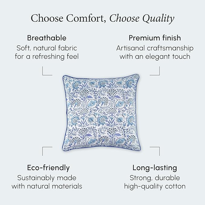 CPC 100% Cotton Throw Pillow Covers 24x24 Inch, Set of 2 Blue Block Print Pattern Couch Pillow, Cute Boho Decorative Pillows for Living Room, Bedroom with Hidden Zipper- Indigo Blue