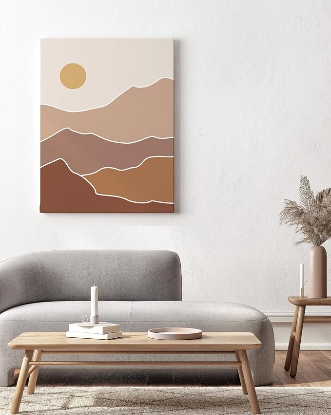 Abstract Mountain Landscape Wrapped Canvas Wall Art Sun Rolling Hills Earth Tones Terracotta 24x36 Inch Gallery Stretched Mid Century Modern Nature Home Art