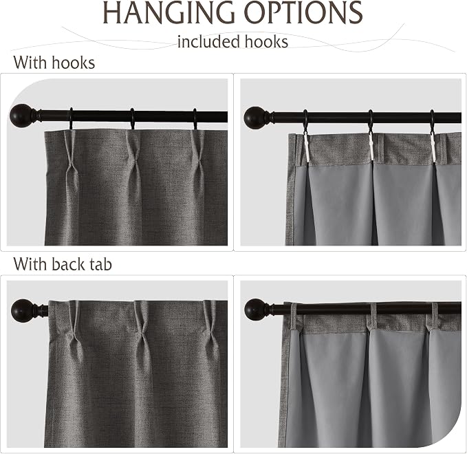 RYB HOME Pinch Pleated Back Tab Curtains Linen Textured 100% Blackout Curtains Thermal Insulated for Bedroom Living Room Bay Window Drapes, W 42 x L 96 inches, Grey, 2 Panels