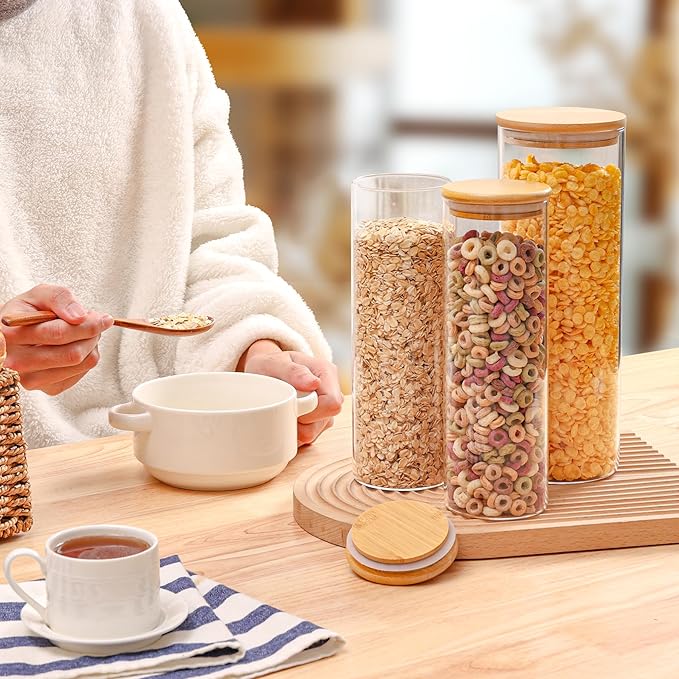 ComSaf Set of 9 Glass Storage Containers with Lids, Glass Jars with Bamboo Lids, Clear Food Storage Jar, Round Glass Canister, Pantry Organizers and Storage for Pasta Flour Rice Coffee Bean