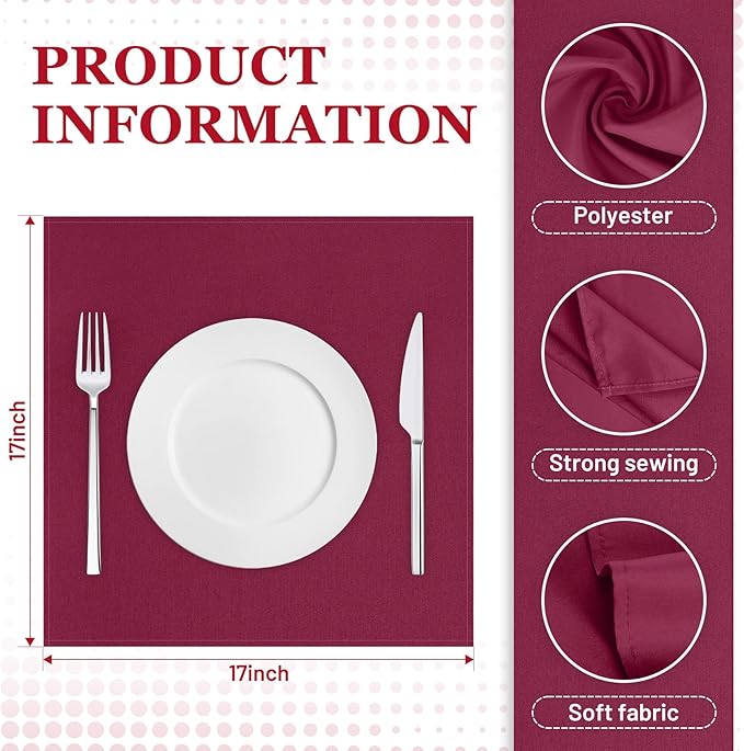 SuperO Set of 40 Cloth Napkins 17 x 17 Inch, Polyester Solid Washable Dinner Napkins with Hemmed Edges,Great for Restaurant, Wedding and Party(Burgundy)