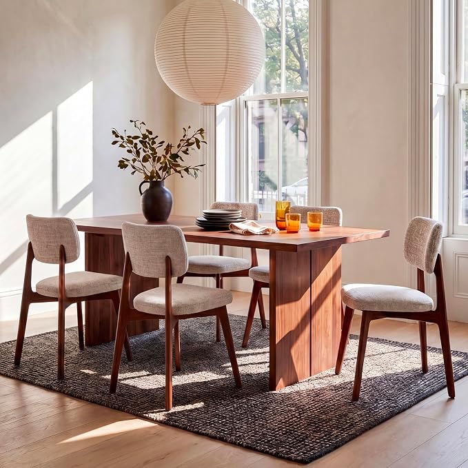 COLAMY Dining Chairs Set of 2, Modern Upholstered Kitchen Room Chairs with Solid Red Oak Wood Legs, 5-Min Easy Assembly Anti-Wobble, High-Weight Fabric Farmhouse Side Chair, 300lbsWalnut,Beige