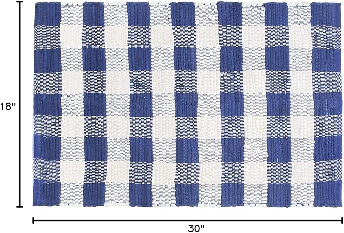 GLAMBURG Cotton Buffalo Check Plaid Washable, Handwoven Checkered Welcome Door Mat 18x30 for Kitchen Bathroom Outdoor Porch Laundry Living Room, Farmhouse Reversible Rag Rug Blue White