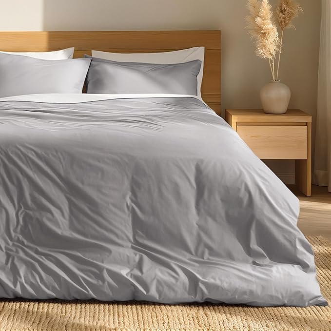 Bare Home 100% Organic Cotton Queen Duvet Cover Set - Crisp Percale Weave - Lightweight & Breathable - Cooling Duvet Cover Set (Queen, Light Grey)
