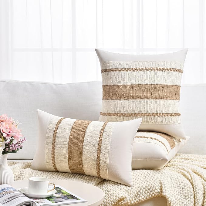 Fancy Homi Set of 2 Boho Neutral Long Lumbar Decorative Throw Pillow Cover 12x24 Inch for Couch Bed Sofa Chair, Modern Organic Farmhouse Home Decor, Soft Cotton Cute Accent Tan Rectangle Cushion Case