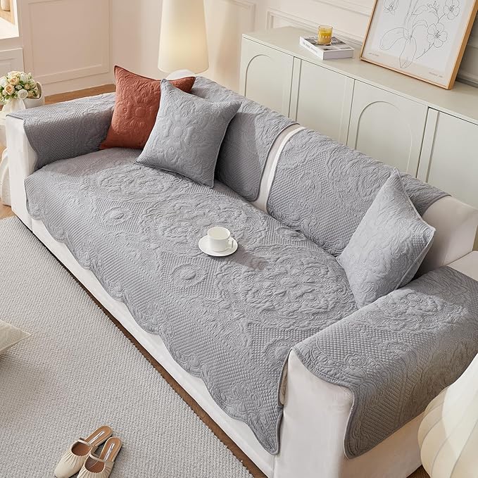 vctops Boho Cotton Quilted Couch Cover Soft Embroidered Sofa Cover Non-Slip Dog Bed Cover Scalloped Sofa Slipcover Washable Furniture Protector Cover (Light Grey,43"x43")