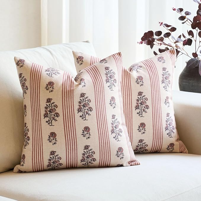 Amor Virisso Floral Throw Pillow Covers 18x18 Set of 2 Block Print Pillow Covers Neutral Floral Striped Farmhouse Decorative Pillow Covers for Sofa Couch Bed, Red