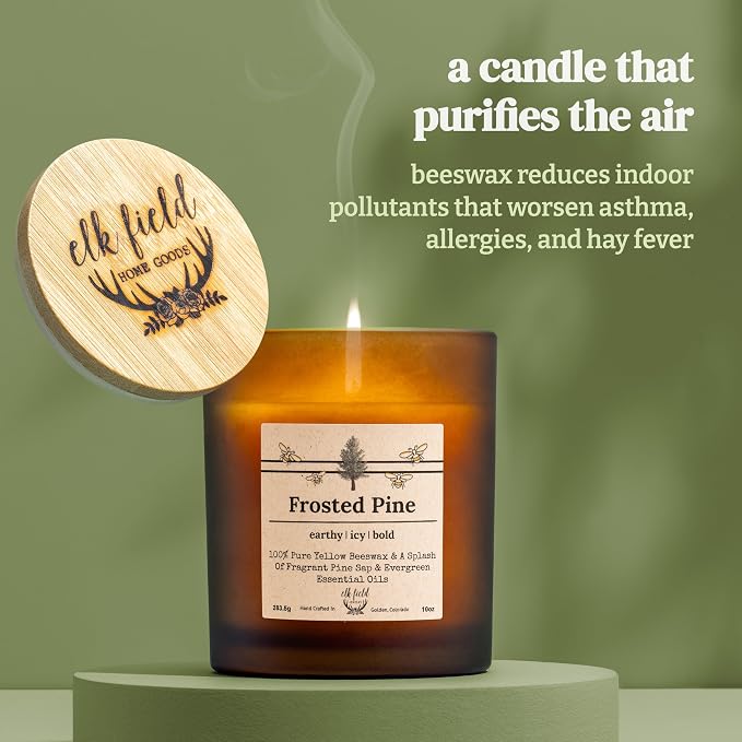 Frosted Pine Organic Beeswax Candle | 2 Ingredients | 100% Pure Beeswax Candles, Non Toxic, Natural, Organic Candles, Beeswax Candles Scented, Non Toxic Candles, 80 Hour, 14oz