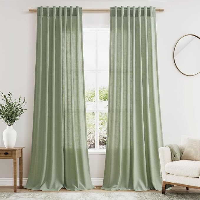 Nanspring Light Sage Linen Curtains 90 Inch Long 2 Panels Set for Bedroom Living Room Light Sage Linen Textured Window Drapes Semi Sheer Light Filtering Rod Pocket Back Tab Farmhouse Curtain 52x90