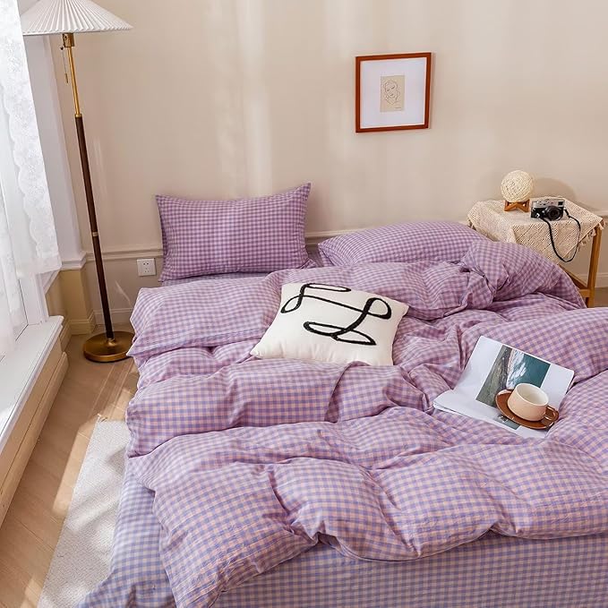 mixinni Purple Gingham Grid Duvet Cover King, 100% Washed Cotton Modern Geometric Bedding Set with 2 Pillowcases, Farmhouse Style Yellow Plaid Comforter Cover Set for Men & Women, Soft & Lightweight