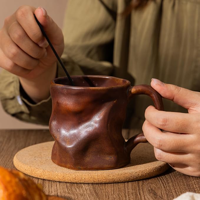 Handmade Ceramic Coffee Mugs, Mugs with Spoon, 11oz, Handmade Pottery Mug with Handle, Hand-painting, Unique Uneven Surface Tea cups, Dishwasher and Microwave Safe (Coffee Color)