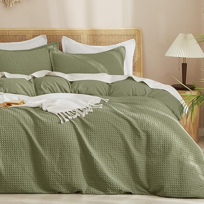 PHF Waffle Duvet Cover Set California King, No Snagging Ultra Soft Luxury Textured Breathable Comforter Cover for All Season 3pcs, Durable Bedding Duvet Set with 2 Pillow Shams, 104"x98", Olive Green