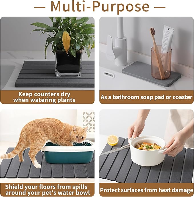 Large Stone Dish Drying Mat for Kitchen Counter, Fast Dry Diatomaceous Earth Mat – Foldable Stone Mat for Dishes, Utensils, Soap Dish – Non-Slip & Heat Resistant–2 PCS (23.6"×15.3" & 8"×4")–Dark Grey