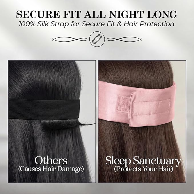 SLEEP SANCTUARY 100% Pure Mulberry Silk Sleep Mask - 22 Momme Light Blocking Hook & Loop Silk Eye Mask for Sleeping - Secure Fit for Side Sleepers, Women & Men - Cloud Soft (Pink)