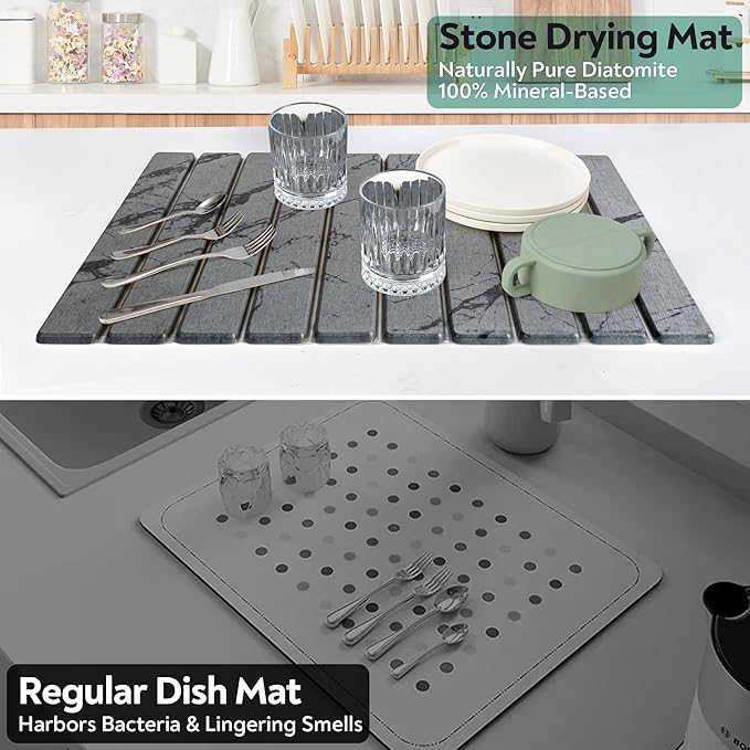 Large Stone Dish Drying Mat for Kitchen Counter ,Fast Drying Non-Slip Collapsible Dish Drying Mat ,Eco-Friendly Super Absorbent Diatomaceous Earth Mats for Dishes Bottles Cups Bathroom,24"(L)×16 (W)