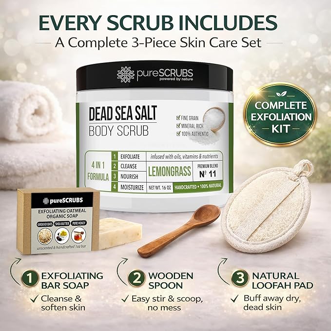 pureSCRUBS Premium Lemongrass Dead Sea Salt Body Exfoliator Scrub, Full Exfoliating Body Scrubber - Large 16oz Jar, Filled With Essential Oils, Includes Spoon, Loofah & Exfoliating Skin Soap