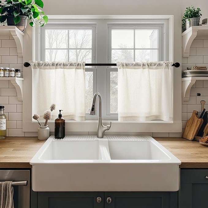 Beige Semi Sheer Linen Kitchen Curtains 24 Inch Length 2 Panels | Cream, Cafe Short Curtains, for Bathroom Small Windows, Light Filtering, Farmhouse, Rod Pocket Drapes, 25x24 Inches Long