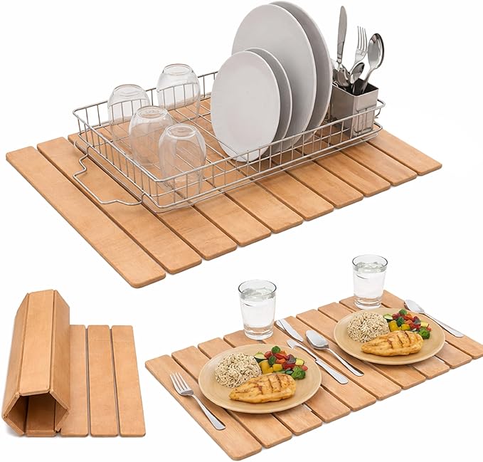 Large Stone Drying Mat 24"x16" – Diatomaceous Earth Stone Dish Drying Mat – Foldable, Ultra-Absorbent & Quick-Drying Countertop Protector for Cups, Plates, Utensils & Cookware - Wood Grain Textured