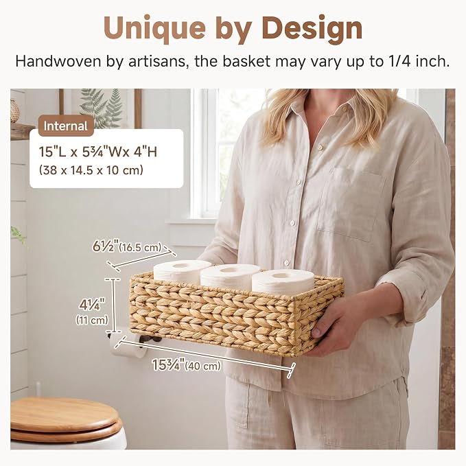 StorageWorks Toilet Tank Basket for Bathroom, Water Hyacinth Storage Baskets for Toilet Tank Top, 2-Pack