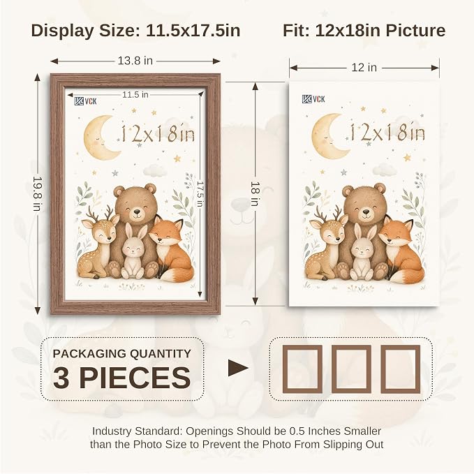 VCK 12x18 Picture Frame 3 Pack - Brown Wood Solid Poster Frames, Textured Exclusive Wood Wall Gallery Frame
