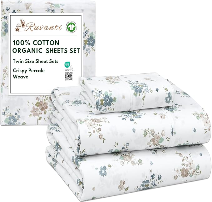 RUVANTI 100% Cotton Organic Percale Sheets Twin Size – Crisp Cooling Bed Sheets for Hot Sleepers, Deep Pocket 15”, Soft Peach Finish, Breathable & Durable Hotel-Style 3 Pcs, Halcyon