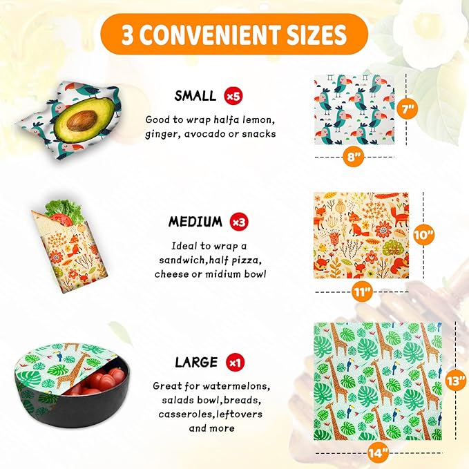Reusable Beeswax Wrap - 9 Pack, Beeswax Wraps for Food, Eco-Friendly Beeswax Food Wrap, Organic, Sustainable, Biodegradable, Zero Waste, Plastic-Free Food Storage (1L Giraffe | 3M Fox | 5S Bird)