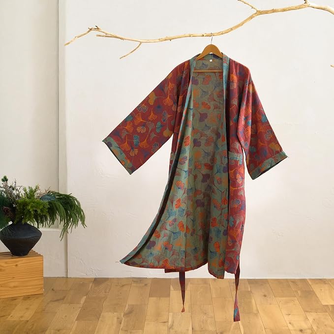100% Cotton Gauze Ginkgo Leaf Kimono Robe, Long Knit Loose Bathrobe Nightgown Ladies Loungewear Sleepwear for Women