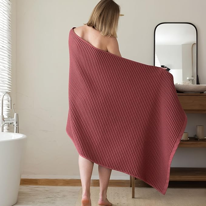 Premium Waffle Bath Towels Pack of 2 Extra Large 35x71 inch - 100% Turkish Cotton, Waffle Weave, Quick Dry, Lint Free, Oversized, Thin Bath Sheet Towel (Dark Red, Set of 2 Bath Towels)