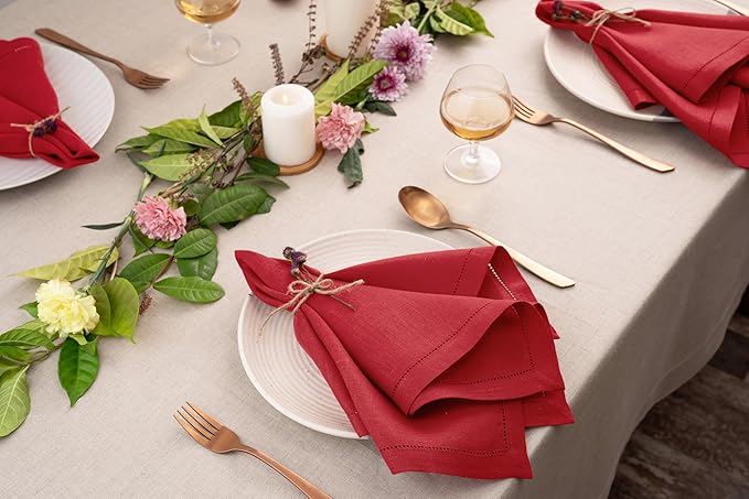 Signature Linen™ by D'Moksha Racing Red Dinner Napkins Set of 8, 20 x 20 Inch Cloth Napkins, 100% Pure Linen, Hemstitch, Machine Washable Table Napkins- Summer, Father's Day