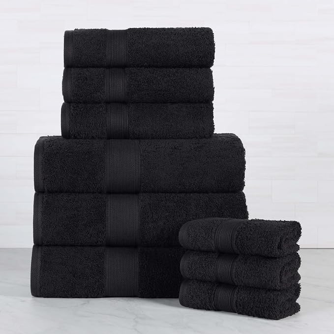 Superior 100% Organic Cotton 9-Piece Towel Set, Includes 3 Bath Towels, 3 Hand Towels, 3 Face Towels/Washcloth, Daily Use, Bathroom, Guest Bath, Absorbent, Home Essentials, Oregon Collection, Black