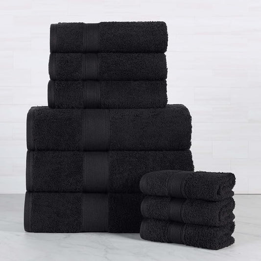 Superior 100% Organic Cotton 9-Piece Towel Set, Includes 3 Bath Towels, 3 Hand Towels, 3 Face Towels/Washcloth, Daily Use, Bathroom, Guest Bath, Absorbent, Home Essentials, Oregon Collection, Black